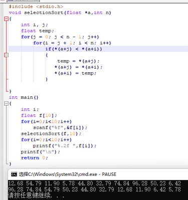 用c語言編一程序,，利用指針實現(xiàn)任意10個浮點數(shù)的排序（要求采用選擇排序法,，并按降序排列）,。