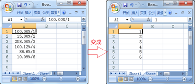 表格里面100.00%/1怎么取值只留1