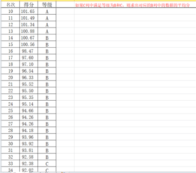 怎樣用函數(shù)實現(xiàn)：如果C列中滿足等級為B和C,，則求出對應(yīng)的B列中的數(shù)據(jù)的平均分